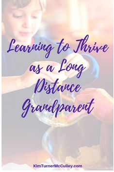 a young boy is pouring something into a bowl with the words learning to three as a long distance grandpa