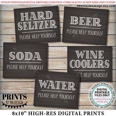 four printable signs with the words wine, soda, and water on them in black