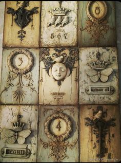 an assortment of decorative wall plaques with different designs