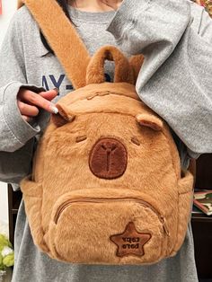 Brown Casual,Cute Collar  Flannelette Cartoon Classic Backpack Embellished   Women Bags Women Backpack Fashion, Multifunction Bag, Hunting Bags, Plush Backpack, Fur Bag, Small Backpack, Cute Plush, Girl Backpacks, School Bag