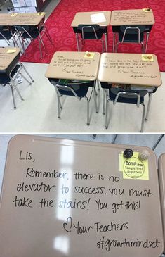 two pictures side by side with writing on the desks and one has a note attached to it