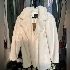 Beautiful Faux Fur/Vegan “Weatherproof” White Fur Coat Brand New With Tags $150 On Website Just Dropped Price To $80!! Cheap White Button-up Outerwear, Black Teddy Jacket, Vintage Quarter Zip, Black Faux Fur Jacket, White Fur Coat, Zip Coat, Fluffy Jacket, Quarter Zip Sweater, Flannel Jacket