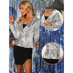 This sequin sparkle jacket is fashionable and chic, which shows your unique charm. Put some shimmer into your new season wardrobe with this fashion long sleeves sequin jacket. This vintage outwear has a classic color for you to choose from. It is great to pair them with any clothes, dresses, jeans, skirts, shoes, bags, and accessories. Suitable for winter/ autumn and for many occasions, such as party, club, daily, date, weenkend, holiday, etc. Glitter Outerwear For Party Season, Disco Style Long Sleeve Party Outerwear, Fitted Long Sleeve Glitter Outerwear, Fitted Glitter Long Sleeve Outerwear, V-neck Outerwear For Spring Parties, Chic Contrast Sequin Party Outerwear, Glamorous Sequined Outerwear For Party, Chic Party Outerwear With Contrast Sequin, Fall Party Outerwear With Glitter