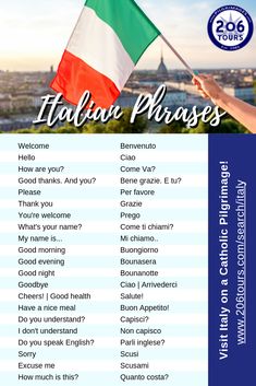 an italian phrases poster with the words in different languages and pictures on it's side