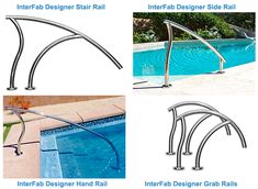 three different types of swimming rails near a pool and in the water, with instructions on how to install them