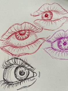 three different types of eye drawn on paper with colored pencils in the foreground