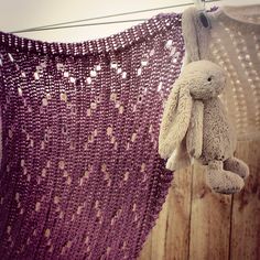 a crocheted blanket hanging on a clothes line with a stuffed animal in it