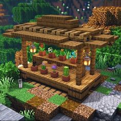 a small house made out of wood with plants and lights on the roof is shown in minecraft