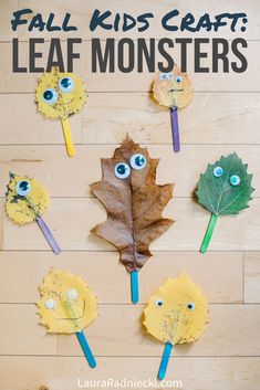 leaf monsters made out of leaves on a wooden surface with text overlay that reads fall kids craft leaf monsters