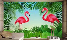 two pink flamingos are standing in the middle of a tropical jungle wallpaper mural