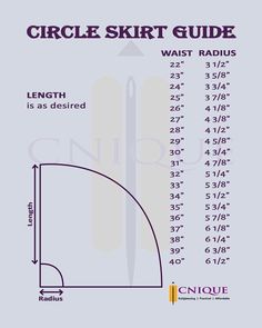 the circle skirt guide is shown with measurements and measurements for each item, including length