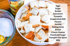 ingredients to make an egg and cheese sandwich in a bowl on a wooden table top