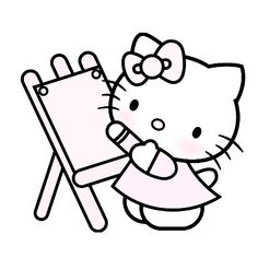 a hello kitty holding a drawing board with her hand on the easel and looking at it