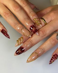 Materials: gel nail, long stiletto tips Greetings and welcome to my store. Hope you find a style you like. ✋ End Of Summer Fall Nails, Almond Baddie Nails Acrylic, Street Wear Nails Acrylic, Nails With Clear Design, Brown Vacation Nails, Burgundy Accent Nails, Autumn Witchy Nails, Red Y2k Nails Almond, 3d Holiday Nails