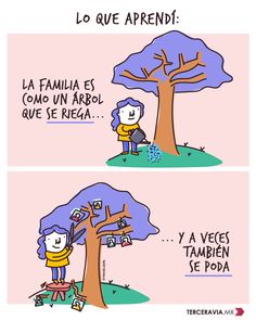 two cartoon comics depicting people in front of a tree and the words la familla es