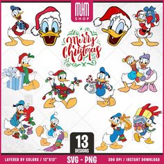 the disney christmas characters are in various poses and sizes, including donald duck, goofy duck,