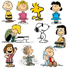 a group of cartoon characters sitting around each other on a white background with the words, peanuts