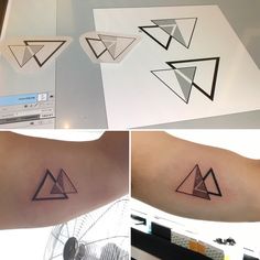 three different pictures of tattoos on the arm and wrist, one with an arrow in it