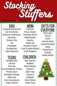 the christmas stocking stuff list for moms is shown in red, green and white