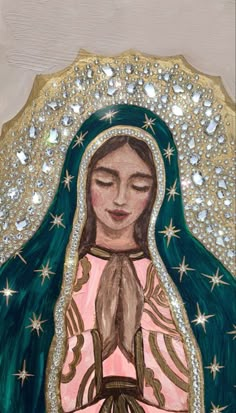 a painting of the virgin mary with green hair and stars on her head, in front of a white background