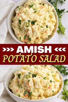 two bowls filled with potato salad on top of a table