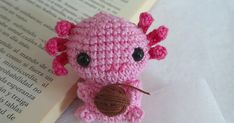 a pink crocheted stuffed animal sitting on top of an open book