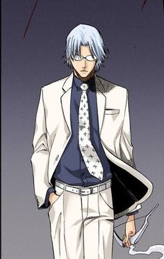 an anime character with white hair and blue eyes wearing a suit, tie and shoes