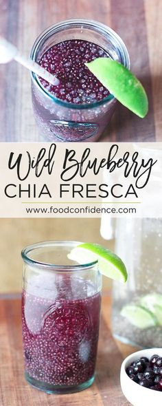 blueberry chia fresca in a glass with a spoon and lime wedge