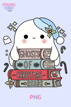 a cartoon character is sitting on top of some books with the words ghost of christmas reads