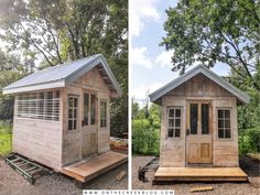 two pictures of a small wooden cabin in the middle of some trees and dirt ground