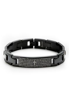 A space to engrave your name enhances the meaning of this lord's prayer bracelet. Stainless steel/black plate Imported God Bracelet, Men Leather Bracelet, Lord's Prayer, Prayer Bracelet, The Lords Prayer, Crescent Moon Necklace, Celestial Jewelry, Id Bracelets, Engraved Bracelet