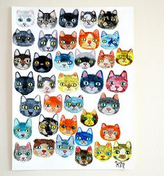 a bunch of cats that are on a white paper with some watercolors in it