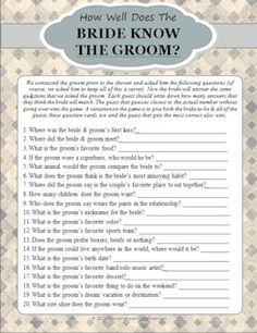 a question sheet for the bride and groom to be answered in this wedding quiz game