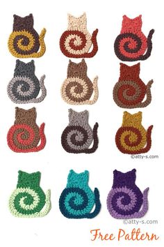 several crocheted cats are shown in different colors and sizes, with the cat's tail shaped like a snail