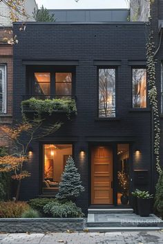 a black house with lots of windows and plants on the front door is lit up at night