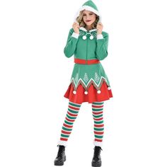 You'll be the best dressed elf at the workshop in this Sassy Elf Costume. It includes a hoodie with faux fur and pom pom accents and a double-layered skirt to match. Also included are faux fur boot toppers and fun red white and green striped tights. pbAdult Sassy Elf Costume product details:-b-p ul liCropped hoodie ul liFront zipper closure-li liFaux fur hood trim-li liDrawstrings with pom-poms-li liFaux pockets-li liElastic wrists-li liContrast waistband-li -ul -li liSkirt ul liDouble layer-li Dress Like An Elf Day At School, Party City Costumes, Christmas Colours, Boot Toppers, Striped Tights, Elf Costume, Holiday Costumes, Christmas Atmosphere, Costume Parties