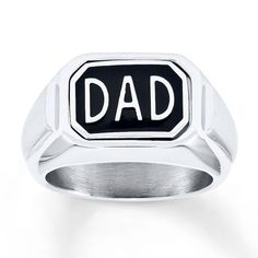 Pay tribute to him with this Dad ring crafted of stainless steel. The word "Dad" shines on a background of black stainless steel for bold contrast. The center of the ring flips over to give Dad two looks in one! Personalized Black Stainless Steel Rings, Classic Black Customizable Jewelry, Black Stainless Steel Engraved Ring For Gift, Black Stainless Steel Engraved Ring As Gift, Personalized Black Engraved Ring For Anniversary, Black Stainless Steel Engraved Ring, Black Stainless Steel Signet Promise Ring, Adjustable Black Engraved Ring, Father's Day Black Engraved Jewelry