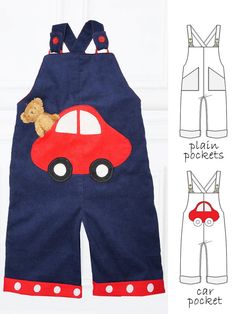 the overalls are designed to look like a car with a teddy bear on it