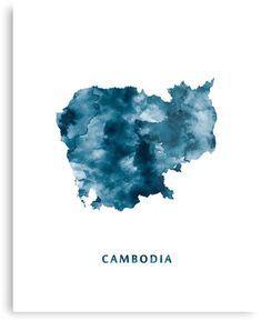 the map of cambodia in blue watercolor on white paper with text that reads cambodia