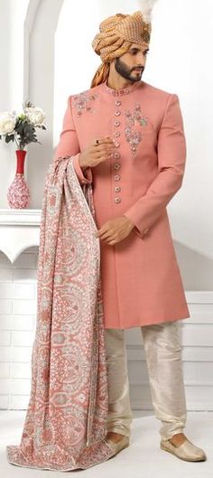 Pink and Majenta color Sherwani in Art Silk fabric with Embroidered, Thread work Pink Long Sleeve Sherwani With Dabka Work, Pink Sherwani With Dabka Work For Eid, Pink Dabka Work Sherwani For Eid, Pink Bandhgala With Dabka Work In Traditional Drape, Pink Sherwani With Intricate Embroidery, Pink Embroidered Bandhgala With Traditional Drape, Pink Embroidered Sherwani Straight Kurta, Pink Embroidered Sherwani For Eid, Embroidered Pink Bandhgala With Traditional Drape