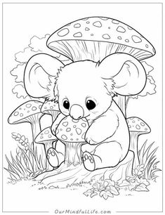 a coloring page with a cute little mouse sitting on the ground next to some mushrooms