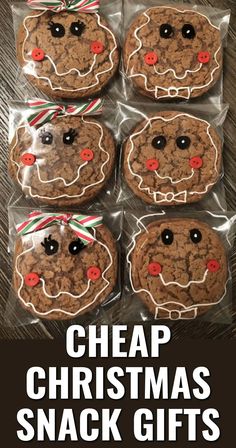 some cookies are wrapped in clear plastic and have christmas decorations on them with the words cheap christmas snack gifts