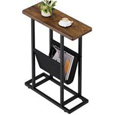 a wooden table topped with a magazine rack