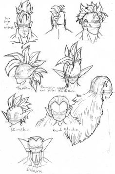 some drawings of different types of head shapes and hair styles for the character's face