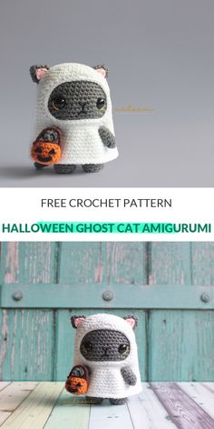 there is a small crocheted animal on top of a wooden table with the caption free crochet pattern halloween ghost cat amigurum