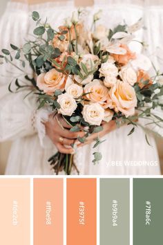 a bride holding a bouquet of peach and green flowers in her hands with the color swat list below