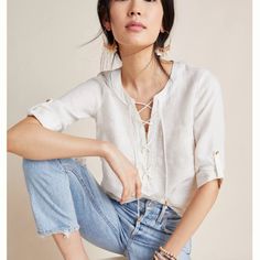 100% Linen Lace-Up Front 3/4 Sleeves Pullover Styling Hand Wash Imported Dimensions Standard: 24.5"L Floral Embroidery Top, Linen Tunic Tops, Embroidery Top, Linen Tunic, Summer Clothing, Linen Blouse, Anthropologie Top, Puff Sleeve Top, Embroidered Blouse