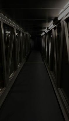 a dark hallway with metal railings leading to another room