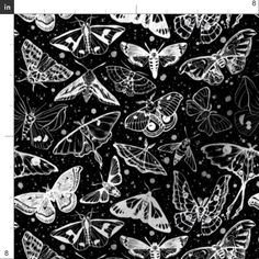 black and white butterflies flying in the sky with stars around them on a dark background