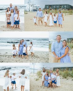 the family is posing for pictures on the beach